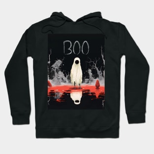 Halloween Boo 2: The White Sheet Ghost with Red Eyes Said "Boo" on a Dark Background Hoodie